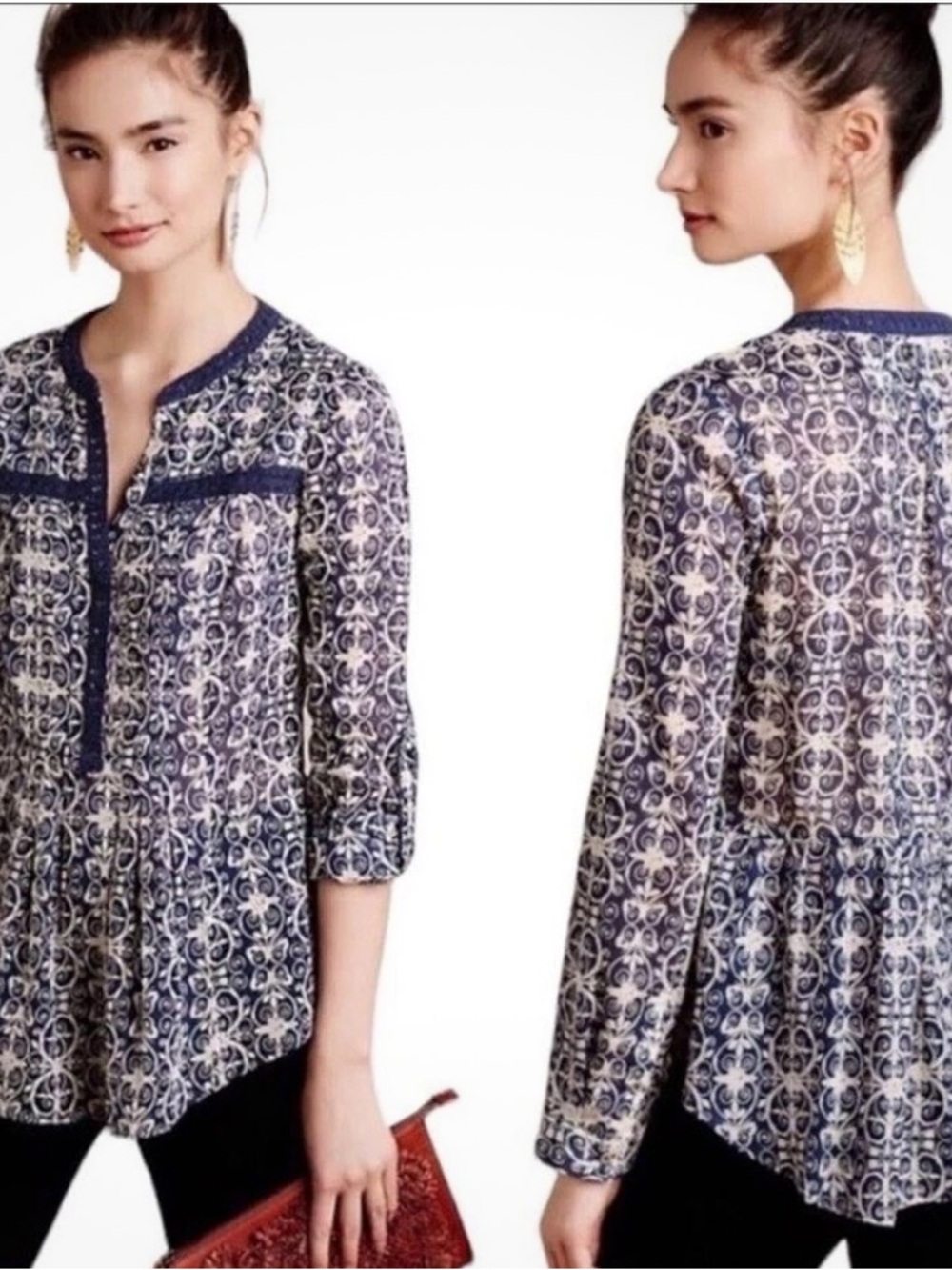 Anthropologie Maeve Abella Navy and White Printed Pintuck Crochet Blouse